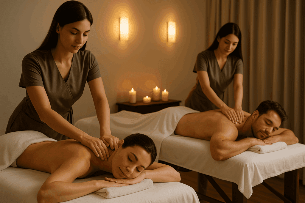 Duas pessoas desfrutam de uma relaxante Massagem para Casal feita por terapeutas em uma sala de spa pouco iluminada, cercada por velas e iluminação quente.