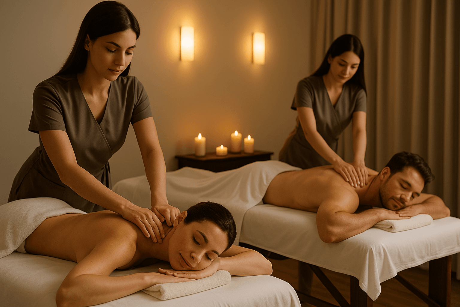 Sala de massagem para casal com ambiente acolhedor e sofisticado