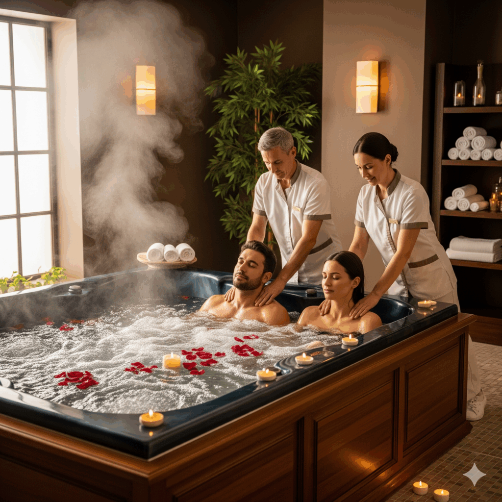 Casal recebe massagem na hidromassagem de terapeutas fora da banheira, em spa luxuoso.